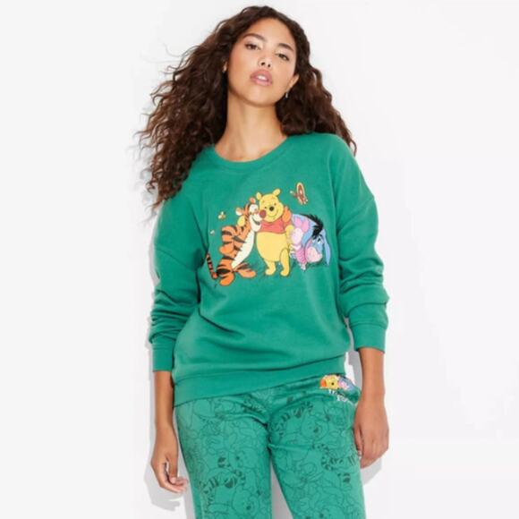 Disney Women's Winnie the Pooh and Friends Cozy Graphic Sweatshirt Green Size XS - Picture 1 of 5
